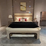 Beige Upholstered Bed with Quilted Headboard, Wood Accent & Gold Stainless Steel Feet